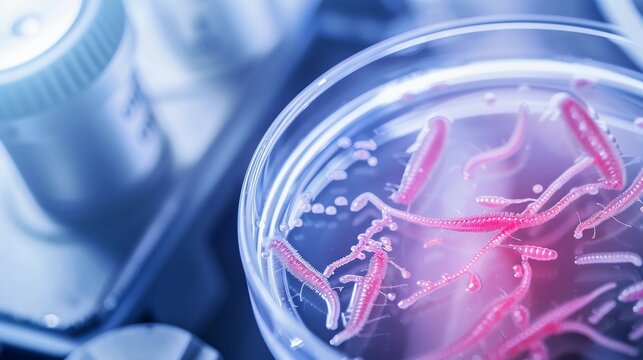 Microscopic view of parasitic worms in a petri dish, surrounded by lab equipment, symbolizing medical research and health concerns in scientific studies.