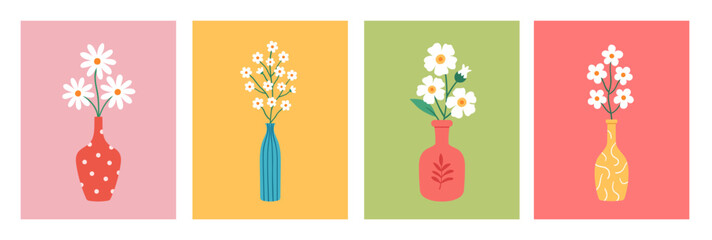 Spring and summer minimalist postcards with flowers in vases