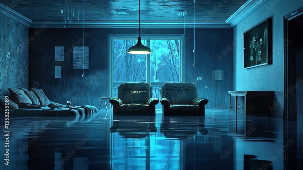 Poster surreal scene of flooded room with blue light and reflection, evoking emotions of isolation and tran