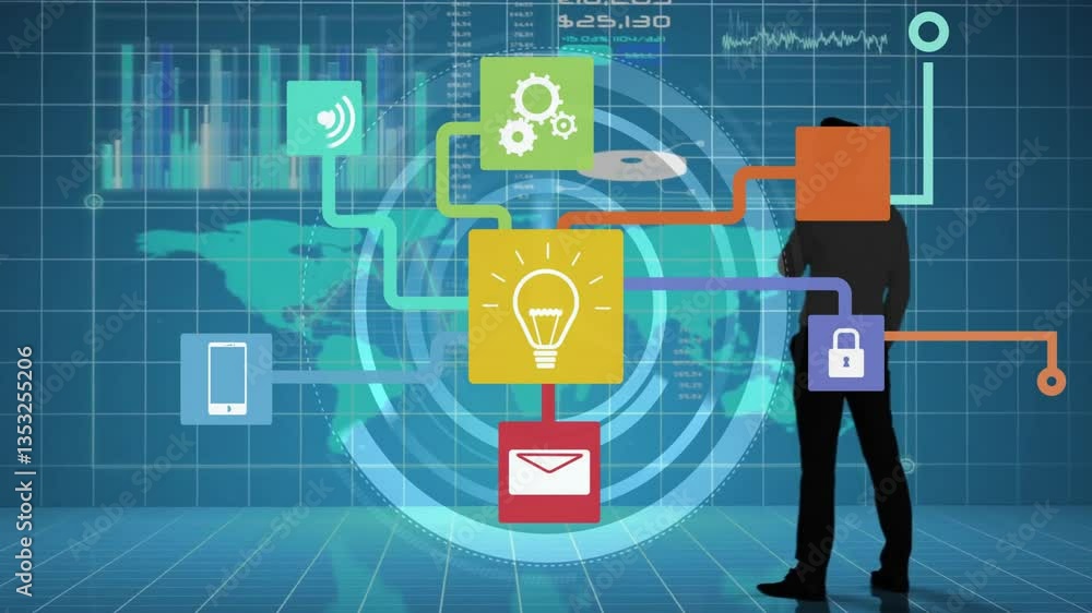 Poster digital network animation overlaying silhouette of business person processing data