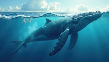 Naklejka premium Giant whale silhouette in ocean waves, silhouette, blue