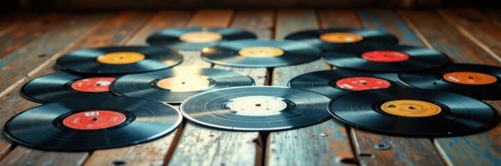 Grunge music vinyl records scattered on wooden floor, records, guitar