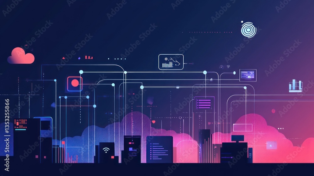 Aufkleber futuristic cityscape with interconnected digital data streams and cloud computing.