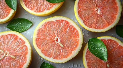 Zesty Citrus Slices: A mouthwatering composition of fresh grapefruit slices and vibrant green leaves offers a visual feast of color and texture.