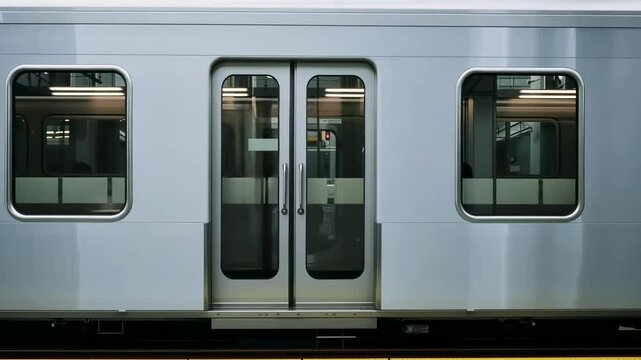 Video still of a sleek, modern train captured from a side angle, highlighting its metallic finish and symmetrical design in an urban setting.