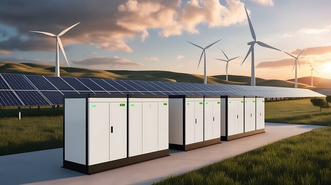 Renewable energy system with solar panels, wind turbines, and battery storage in a scenic landscape. Sustainable power generation with modern clean energy technology for a greener future

