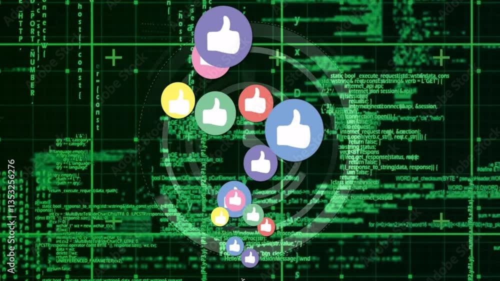 Poster animation of thumbs-up icons floating over green digital code background