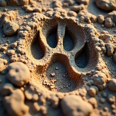 Fototapeta premium Lion's paw print with sharp claws on rocky terrain, nature, earthy