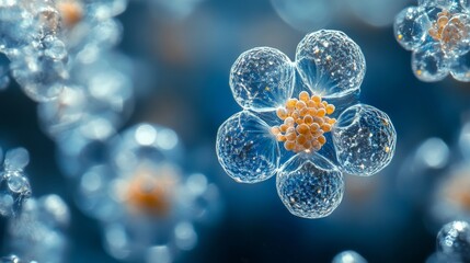 A microscopic view of plankton floating in the ocean, detailed textures and transparency, deep blue background