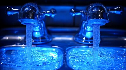 Water Flowing from Faucets into Basin