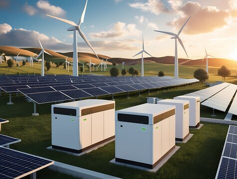 Renewable energy system with solar panels, wind turbines, and battery storage in a scenic landscape. Sustainable power generation with modern clean energy technology for a greener future


