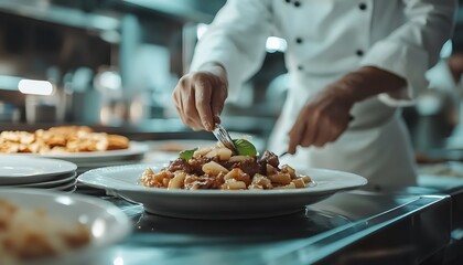 Chef serving pasta dish.