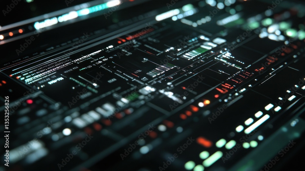 Poster Futuristic digital interface with glowing lines and data streams.
