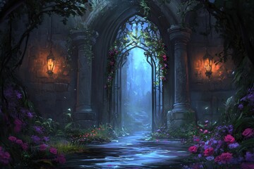 Fototapeta premium A beautiful stone archway leading to a mystical garden