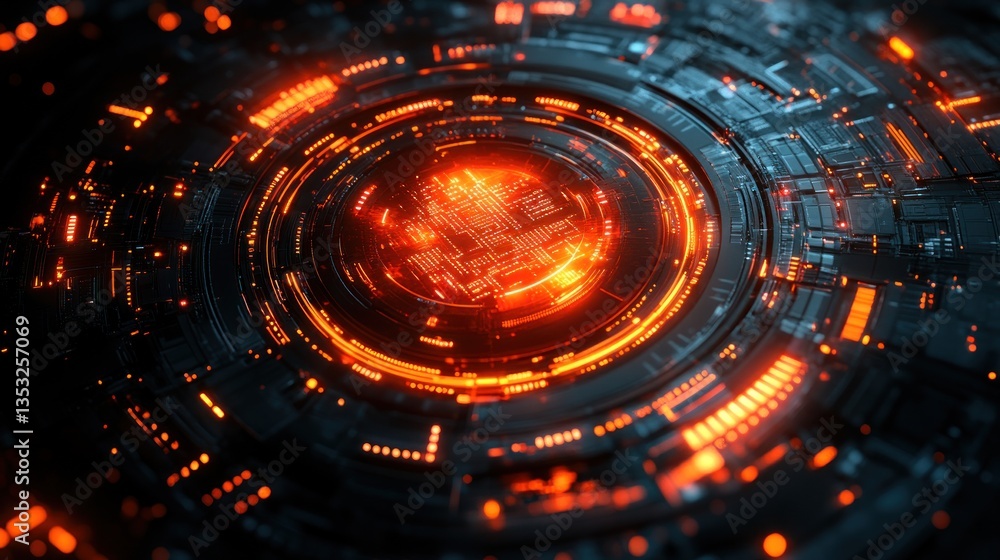 Poster Futuristic digital interface with glowing orange circuits and central text.