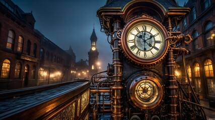 Steampunk clock tower and cityscape in a neo-victorian urban setting at twilight