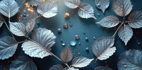 Shimmering silver leaves with lace-like patterns and ornate edges, adding a touch of sophistication to any design , ornament, lace