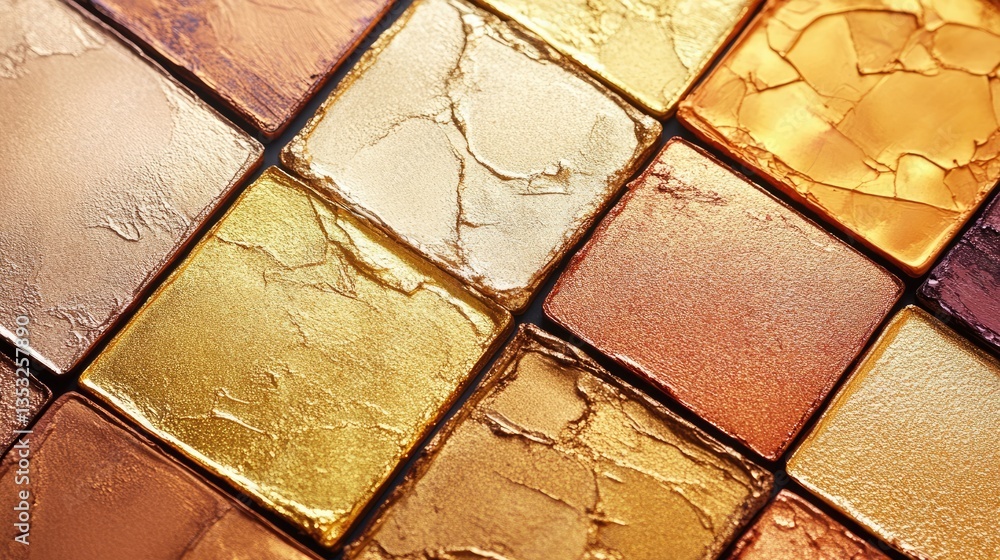 Poster close-up of shimmering golden tiles arranged in a mosaic pattern, reflecting light in a vibrant arti