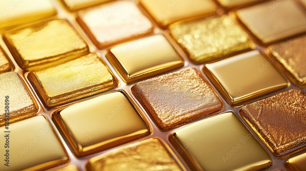 Poster close-up view of shiny golden tiles arranged in a pattern, reflecting light, creating a luxurious at