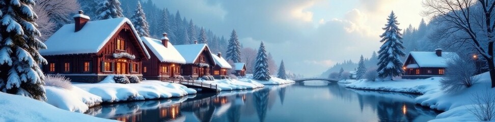 Snowy village scene with festive buildings and icy pond, house, christmas, snowy
