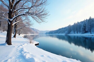 Snowy landscape with bare trees and frozen lake, snow, lake, winter