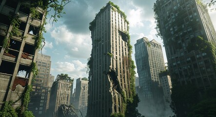 Obraz premium Forsaken skyscrapers with shattered windows and creeping vines