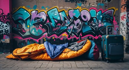 Graffiticovered wall behind disheveled sleeping bag and suitcase