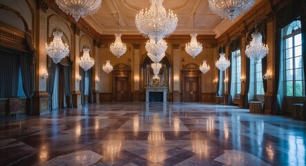 Grand Victorian ballroom with crystal chandeliers and marble floors