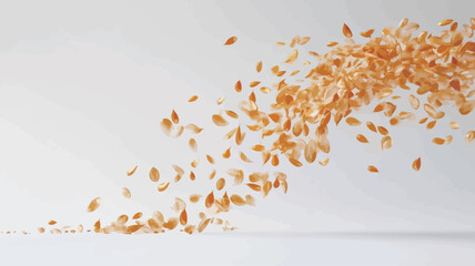 An image depicting a digitally rendered swirl of numerous small, golden-hued, leaf-like shapes against a plain white background. The leaves are scattered in a dynamic, flowing motion, predominantly