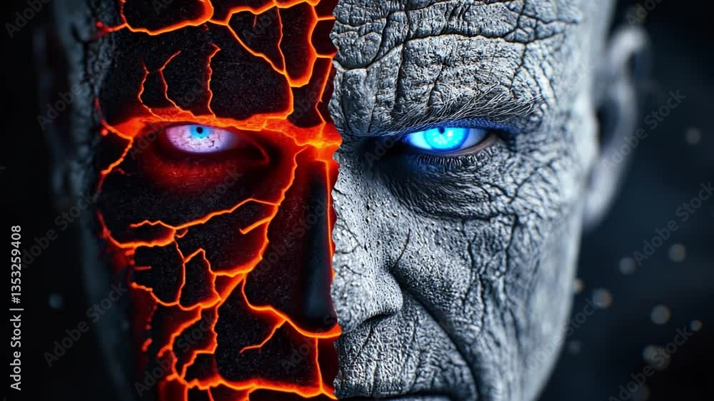 Poster striking duality of a human face portraying conflict between light and dark elements, symbolizing in