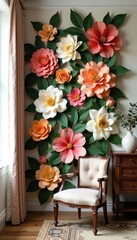 Fototapeta premium Vintage-inspired artificial flower wall in a classic room, vintage style, artificial flowers