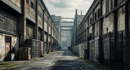 Obraz premium Gritty industrial street with aging warehouses and metal fences