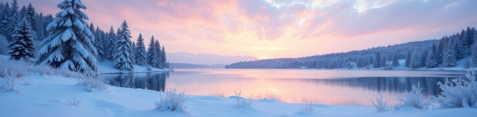 Fototapeta premium Winter snow landscape with frozen lake and trees, cold weather, frozen water