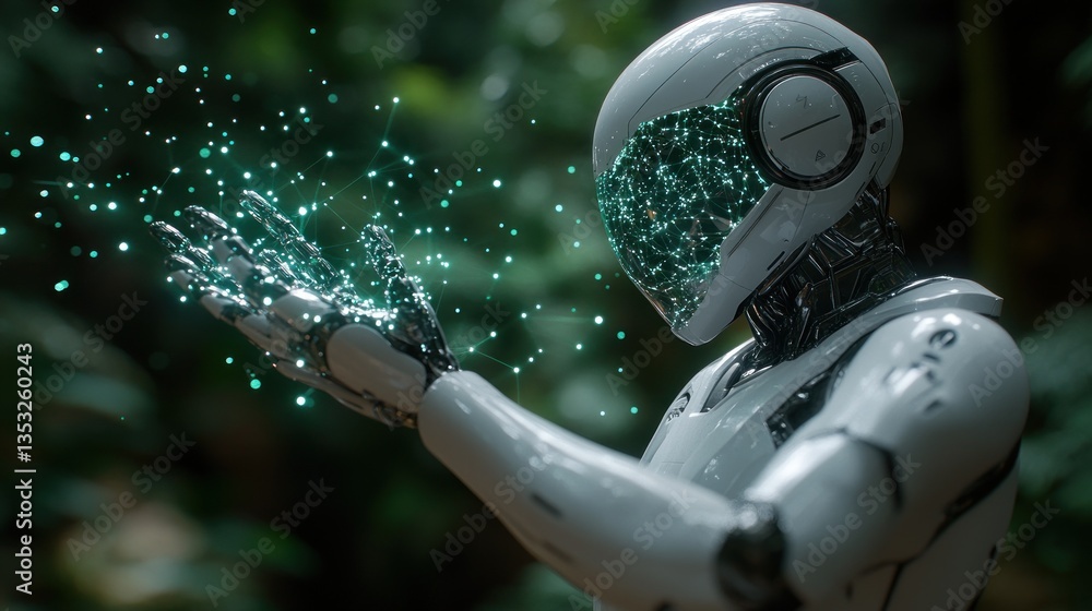 Poster futuristic robot in rainforest manipulating digital particles.