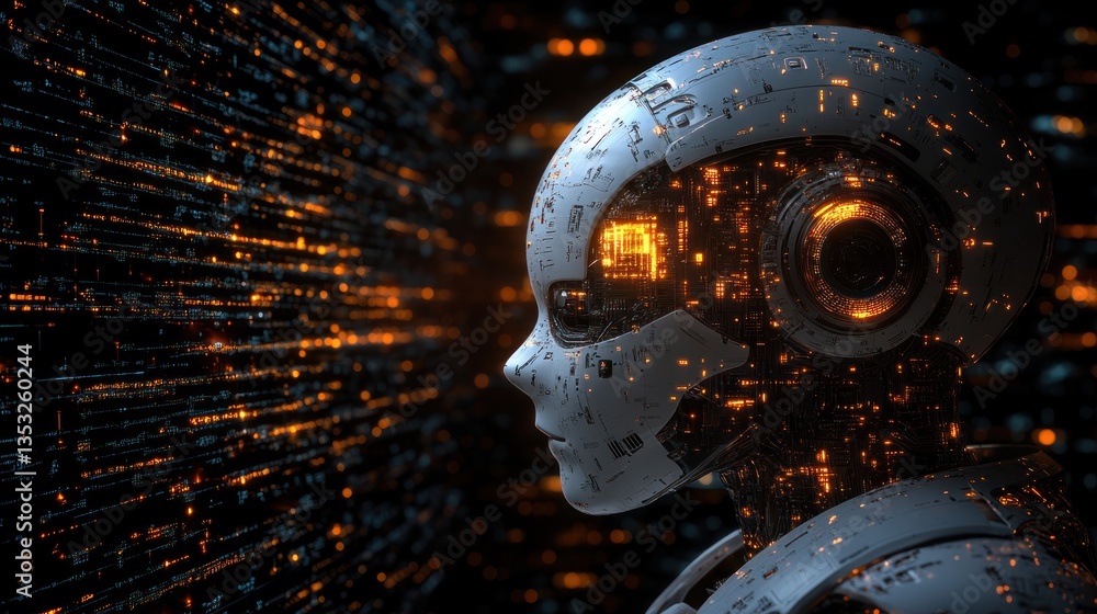 Aufkleber futuristic robot observing binary code stream.