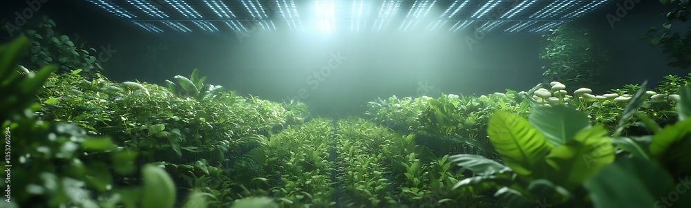 Poster lush greenery illuminated by rays of light in a serene indoor environment.