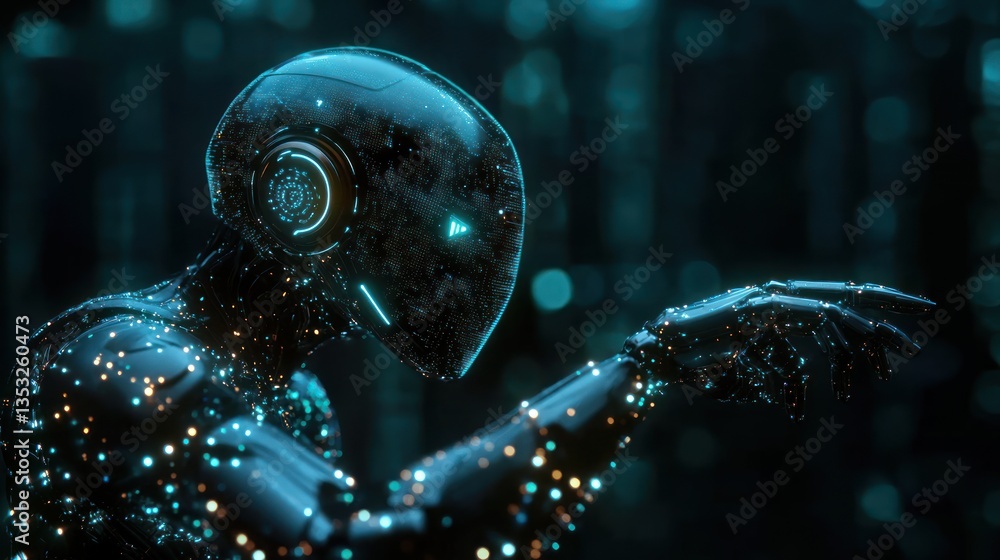 Poster futuristic robot with glowing particles, pointing.