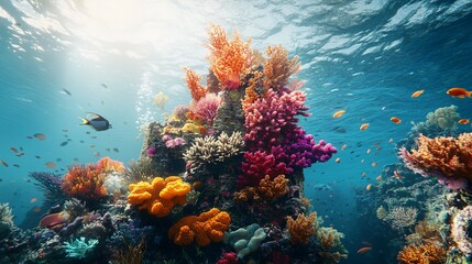 Naklejka premium A vibrant underwater scene showcasing coral reefs and fishes swimming freely