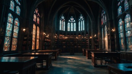 Fototapeta premium Majestic library interior with stained glass windows and rows of wooden desks