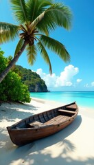 Abandoned beach with old wooden boat and palm trees, boat, palm tree
