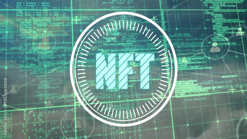 Poster digital coding and data processing animation with nft text in background