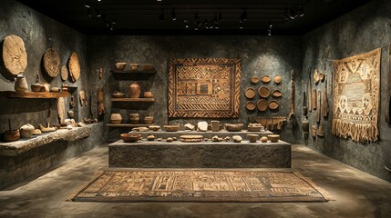 Museum exhibit showcasing ancient artifacts; pottery, textiles, and tools displayed on shelves and a central table.