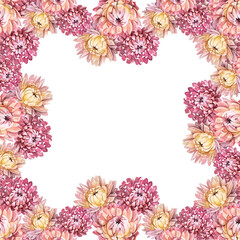 Watercolor boho wreath isolated on white background. Square frame border template for design. Colorful flowers chrysanthemum for wedding celebration. Hand-drawn plant for invite. Art with copy space