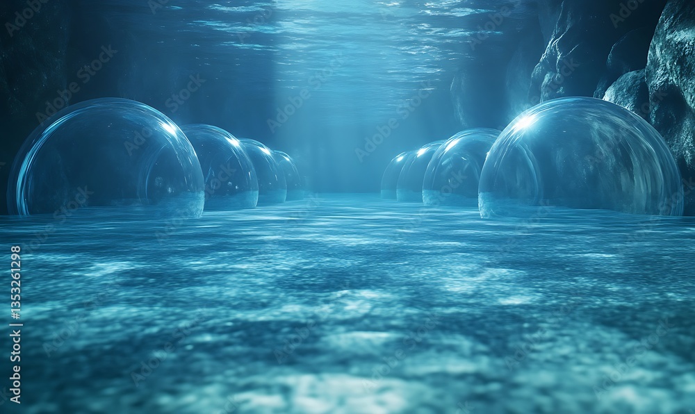 Poster underwater scene featuring bubbles and serene lighting effects.