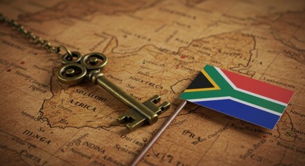 Exploring the Heart of South Africa: A Vintage Key and National Flag on a Map