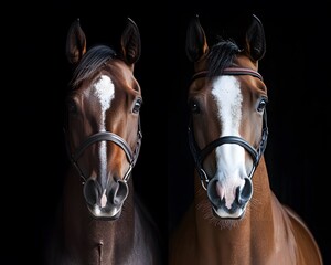 Fototapeta premium A stunning portrait of two noble horses against a black background, showcasing their distinctive features and characteristics. Ideal for equine enthusiasts and animal lovers.