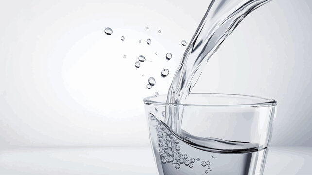 Close-up studio shot of water being poured into a clear glass against a white background. The image shows the water stream in motion, with numerous small droplets and bubbles suspended in the air.