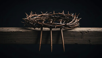 Fototapeta premium Crown of Thorns with Nails on Wooden Beam Still Life
