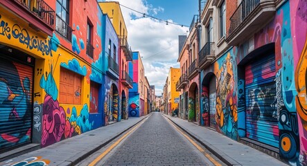 Fototapeta premium Lively street with colorful murals and artistic graffiti on building walls