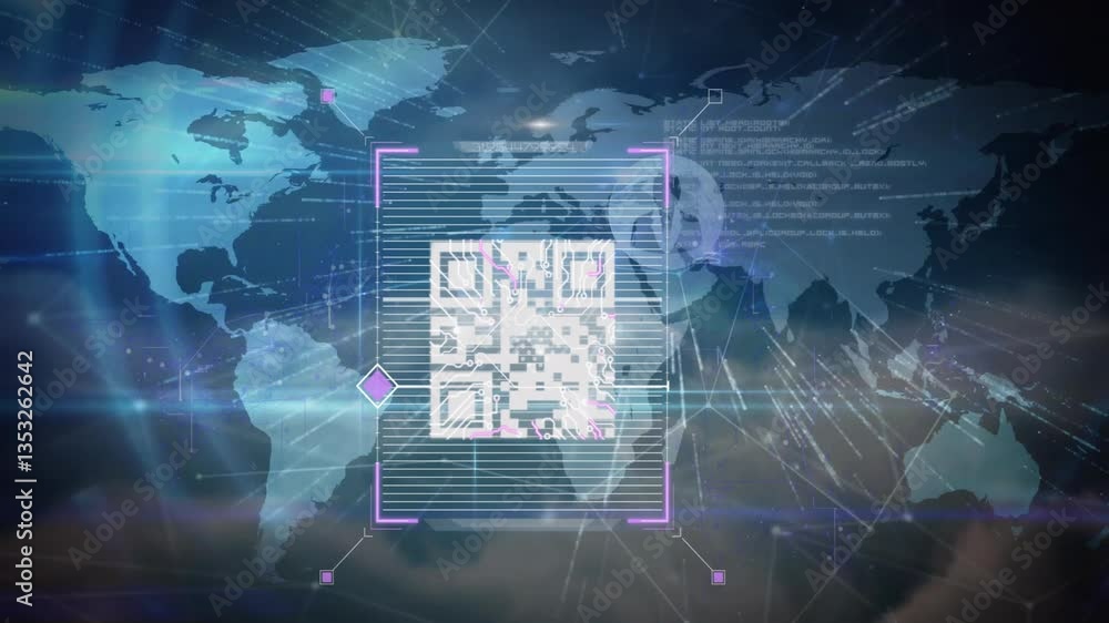  qr code scanning animation over digital world map with data lines
